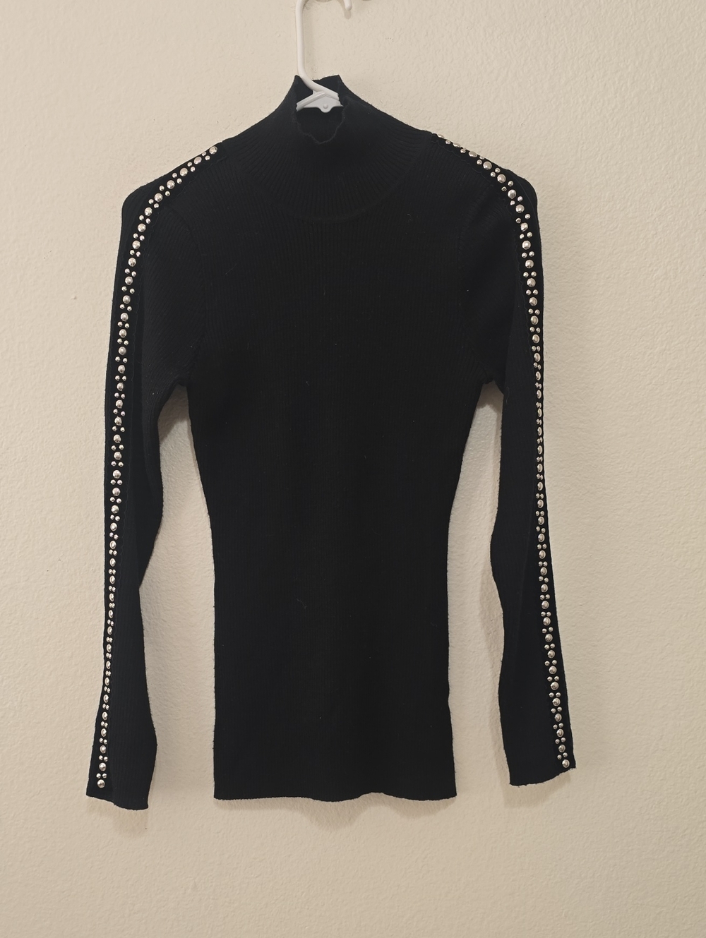 Cache Black Mock Neck Ribbed Top with Silver Stud Trim L